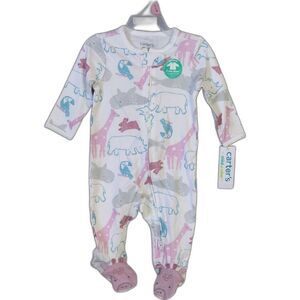 Carter's Child Of Mine White Pink Gray Animal Theme Footed Sleeper Baby 0-3M NWT
